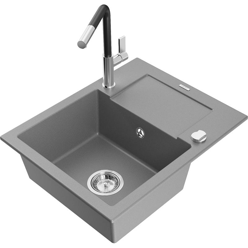 Mexen Enzo lava-loiça em granito de 1 câmara com escorredor e torneira de cozinha Flora, cinza - 6506-71-670401-07