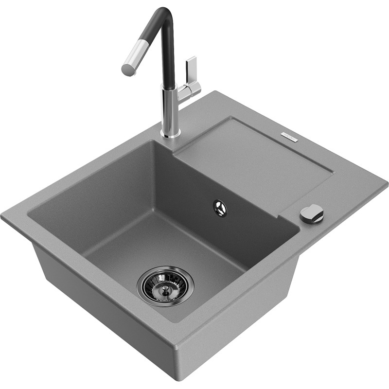 Mexen Enzo fregadero de granito de 1 tina con escurridor y grifo de cocina Flora, gris - 6506-71-670401-07-B