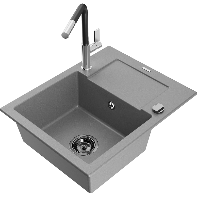 Mexen Enzo granite sink 1-bowl with drainer and Flora kitchen tap, grey - 6506-71-670401-07-B