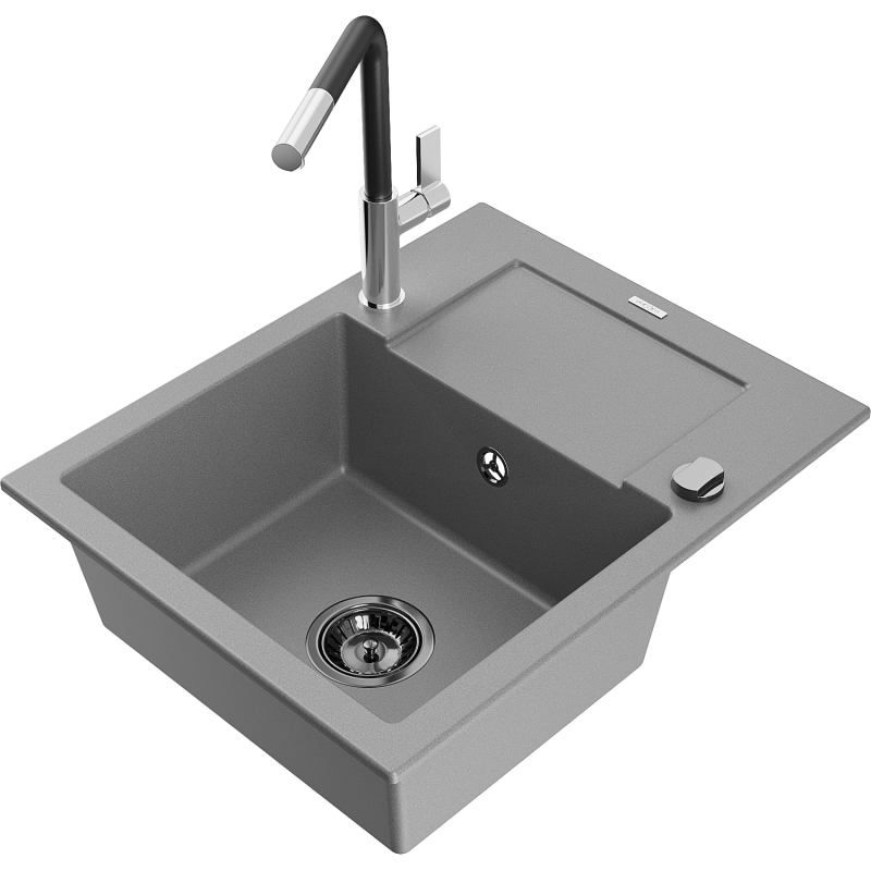 Mexen Enzo Granitspüle 1-Becken mit Abtropffläche und Küchenarmatur Flora, grau - 6506-71-670401-07-B