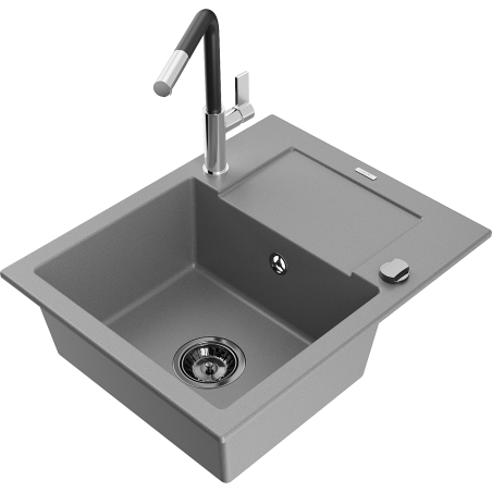 Mexen Enzo granite sink 1-bowl with drainer and Flora kitchen tap, grey - 6506-71-670401-07-B