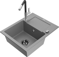 Mexen Enzo granite sink 1-bowl with drainer and Flora kitchen tap, grey - 6506-71-670401-07-B
