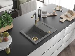 Mexen Enzo fregadero de granito de 1 seno con escurridor y grifo de cocina Flora, gris - 6506-71-670401-57-G