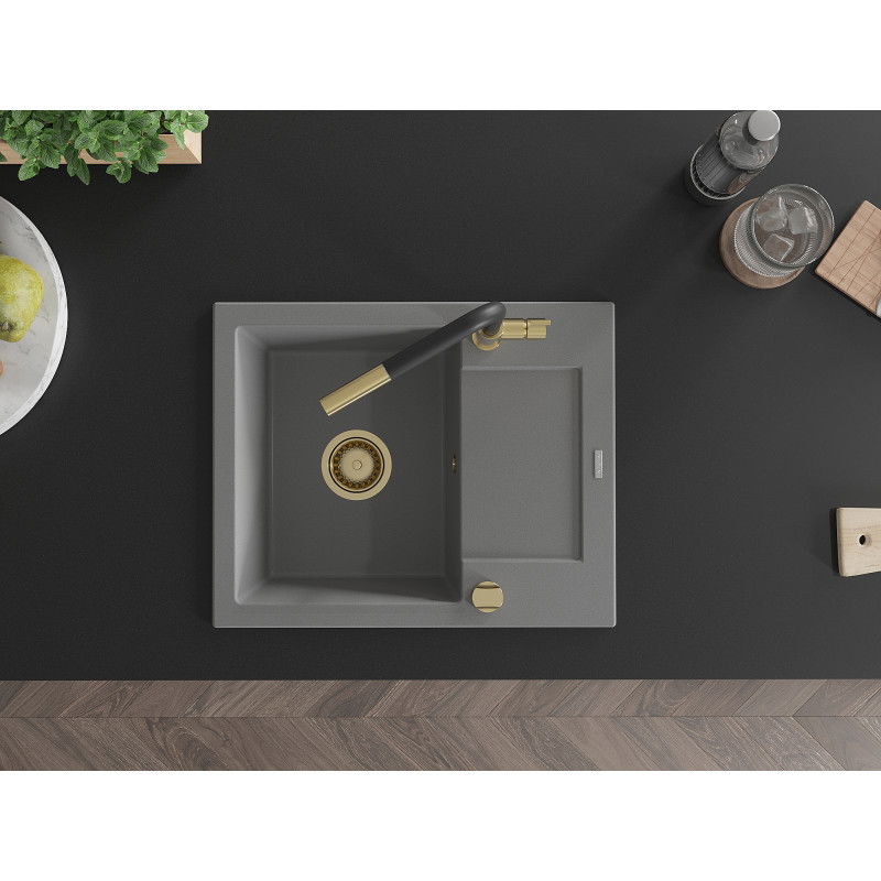 Mexen Enzo fregadero de granito de 1 seno con escurridor y grifo de cocina Flora, gris - 6506-71-670401-57-G