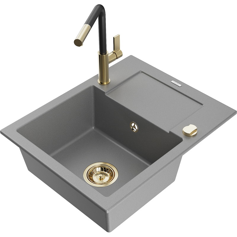 Mexen Enzo fregadero de cocina de granito de 1 seno con escurridor y grifo de cocina Flora, gris - 6506-71-670401-57-G