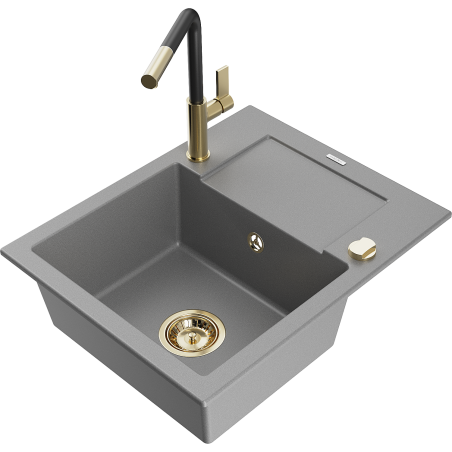 Mexen Enzo Granitspüle 1-Becken mit Abtropffläche und Küchenarmatur Flora, grau - 6506-71-670401-57-G