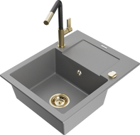 Mexen Enzo 1-bowl granite sink with drainer and Flora kitchen tap, grey - 6506-71-670401-57-G