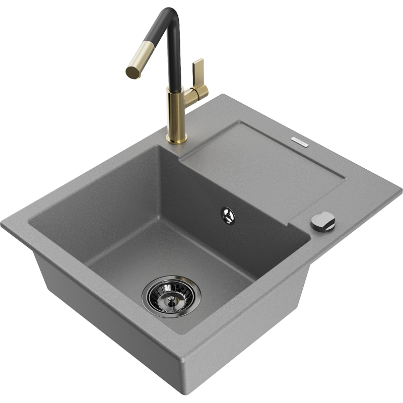 Mexen Enzo granite sink 1-bowl with drainer and Flora kitchen tap, grey - 6506-71-670401-57-B