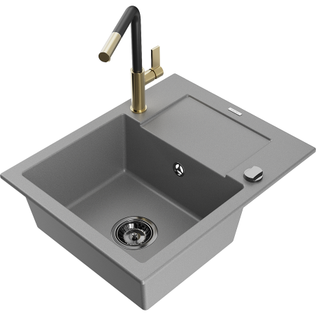Mexen Enzo Granitspüle 1-Becken mit Abtropffläche und Küchenarmatur Flora, grau - 6506-71-670401-57-B