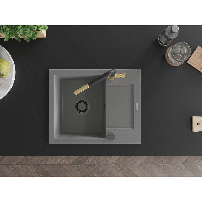 Mexen Enzo granite sink 1-bowl with drainer and Flora kitchen tap, grey - 6506-71-670401-57-B