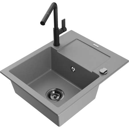 Mexen Enzo granite kitchen sink 1-bowl with drainer and Flora kitchen tap, grey - 6506-71-670401-70-B