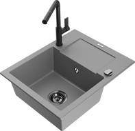 Mexen Enzo granite single-bowl sink with drainer and Flora kitchen faucet, gray - 6506-71-670401-70-B