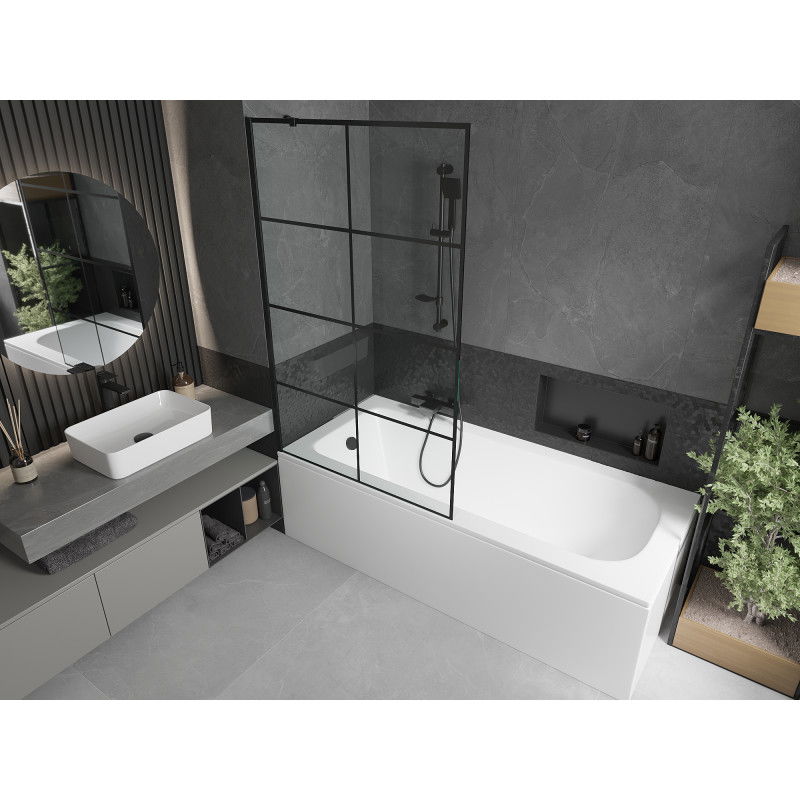 Mexen Vega Rechteckige Badewanne 170 x 70 cm mit Verkleidung und 1-flügeligem Paravent 100 cm, schwarzes Muster