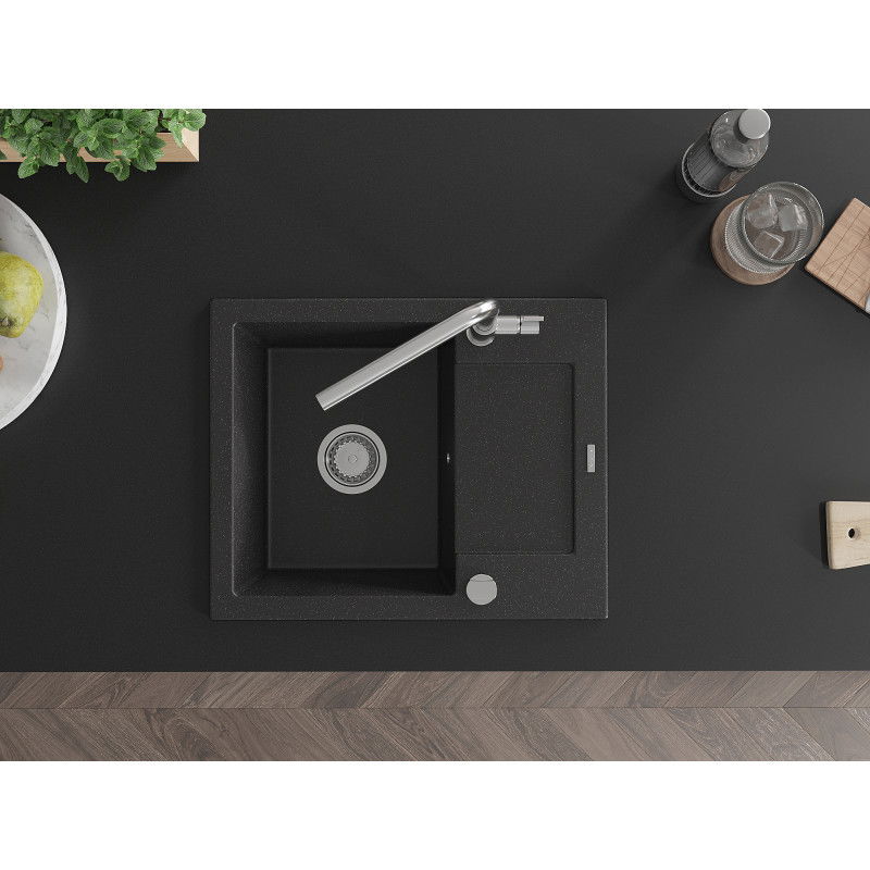 Mexen Enzo granit Spüle 1-Becken mit Abtropffläche und Küchenarmatur Flora, schwarz/silber metallic - 6506-73-670401-00