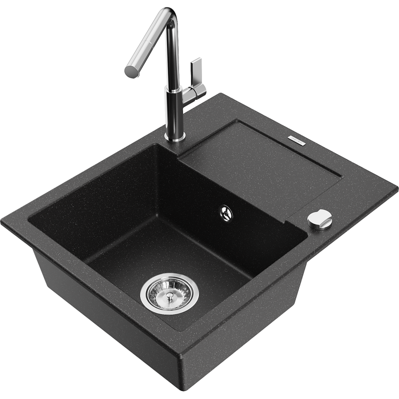 Mexen Enzo granit Spüle 1-Becken mit Abtropffläche und Küchenarmatur Flora, schwarz/silber metallic - 6506-73-670401-00