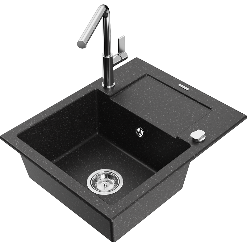 Mexen Enzo lavello in granito ad una vasca con scolapiatti e rubinetto da cucina Flora, nero/argento metallizzato