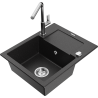 Mexen Enzo évier granitique 1 bac avec égouttoir et robinet de cuisine Flora, noir/métal argenté - 6506-73-670401-00