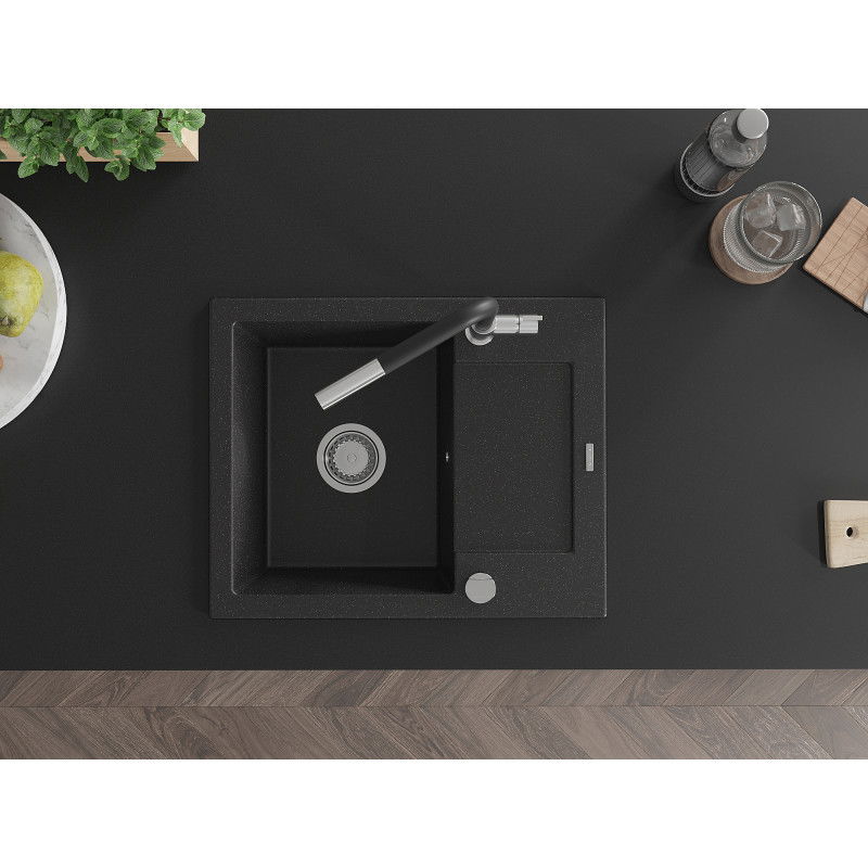 Mexen Enzo Granitspüle 1-becken mit Abtropffläche und Küchenarmatur Flora, schwarz/silber metallic - 6506-73-670401-07
