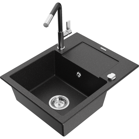 Mexen Enzo évier en granit 1 bac avec égouttoir et robinet de cuisine Flora, noir / métallisé argent - 6506-73-670401-07