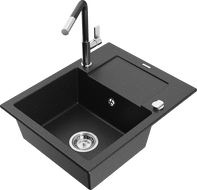 Mexen Enzo granite sink 1-bowl with drainer and kitchen faucet Flora, black/silver metallic - 6506-73-670401-07