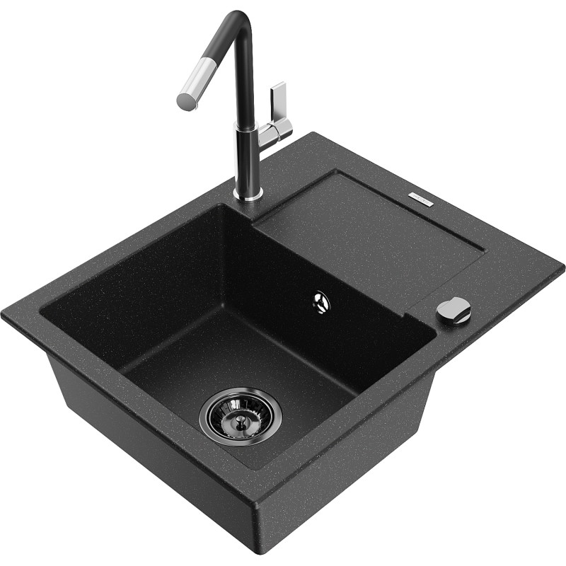 Mexen Enzo 1-komorige granieten gootsteen met afdruiprek en keukenmengkraan Flora, zwart/zilver metallic - 6506-73-670401-07-B