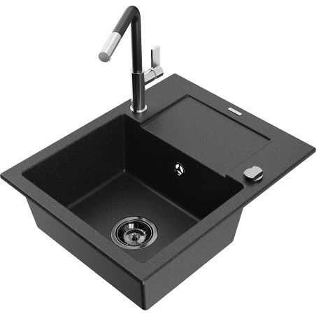 Mexen Enzo Granitspüle mit 1 Becken, Abtropffläche und Küchenarmatur Flora, schwarz/silber metallic - 6506-73-670401-07-B