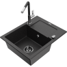 Mexen Enzo granite sink, 1-bowl with drainer and Flora kitchen tap, black/silver metallic - 6506-73-670401-07-B