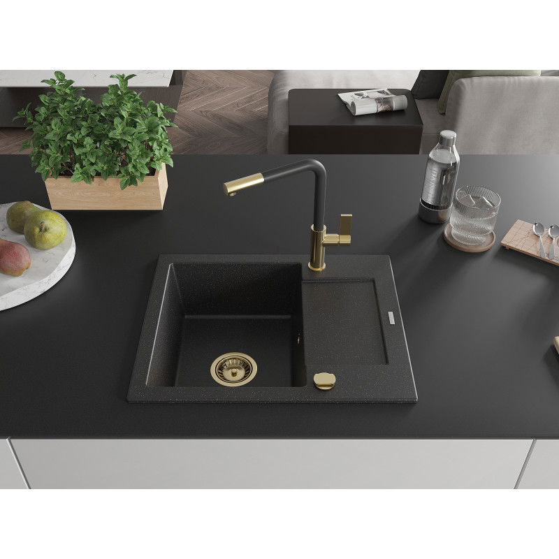 Mexen Enzo 1-bowl granite sink with drainer and Flora kitchen tap, black/silver metallic - 6506-73-670401-57-G