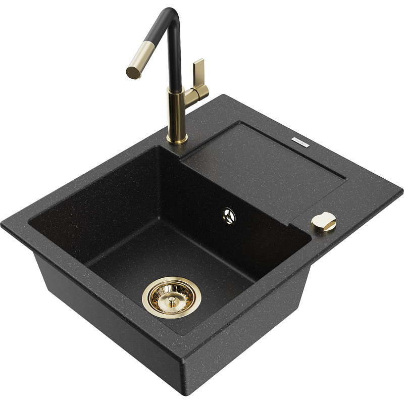 Mexen Enzo 1-bowl granite sink with drainer and Flora kitchen tap, black/silver metallic - 6506-73-670401-57-G