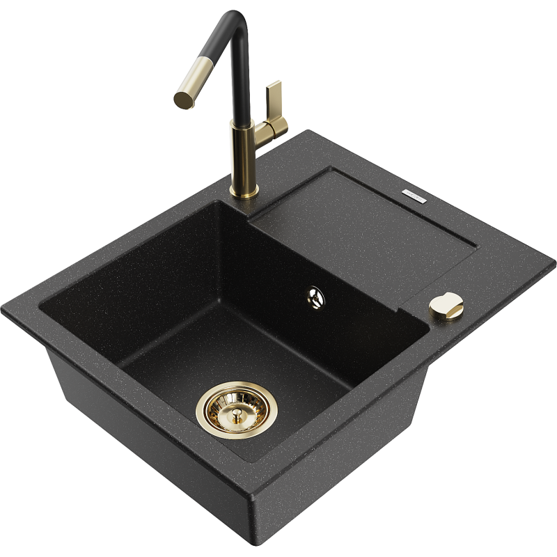 Mexen Enzo granieten spoelbak met 1 bak, afdruiprek en keukenkraan Flora, zwart/zilver metallic - 6506-73-670401-57-G