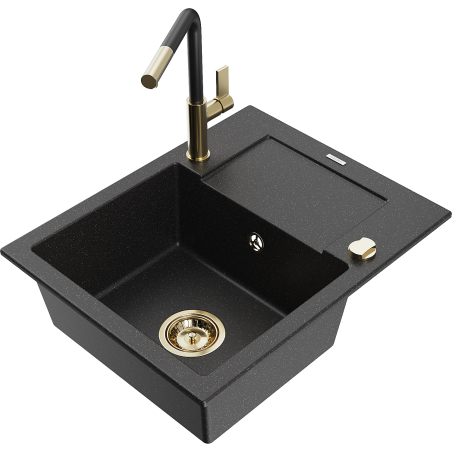 Mexen Enzo 1-bowl granite sink with drainer and Flora kitchen tap, black/silver metallic - 6506-73-670401-57-G