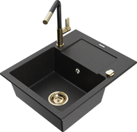 Mexen Enzo 1-bowl granite sink with drainer and Flora kitchen tap, black/silver metallic - 6506-73-670401-57-G