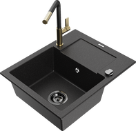 Mexen Enzo granite kitchen sink 1-bowl with drainer and Flora kitchen tap, black/silver metallic - 6506-73-670401-57-B