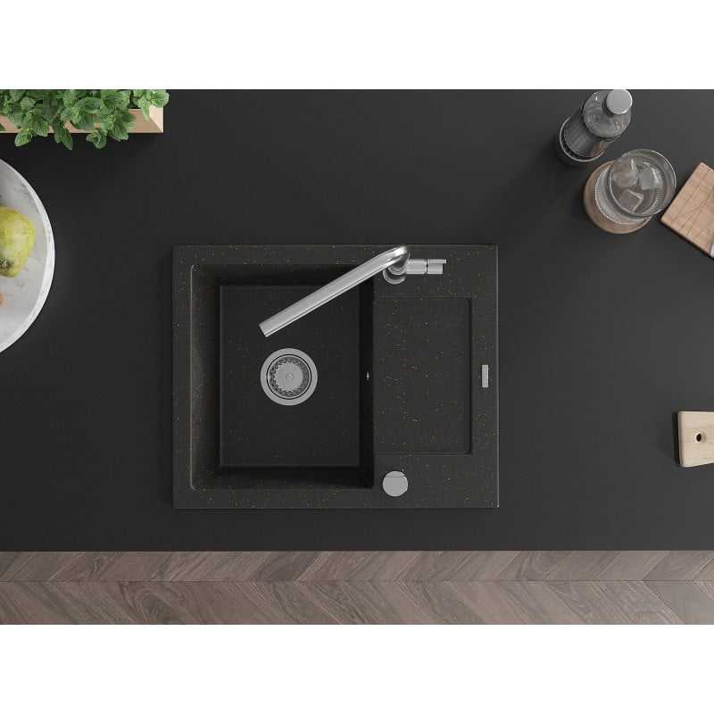 Mexen Enzo fregadero de granito de 1 seno con escurridor y grifo de cocina Flora, negro/oro metálico - 6506-75-670401-00