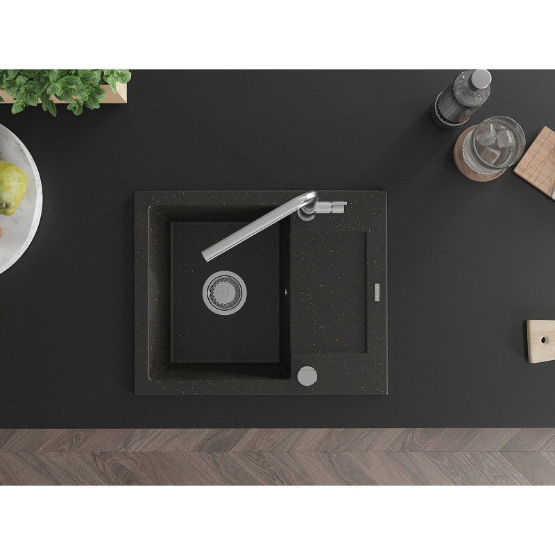 Mexen Enzo Granitspüle 1-Becken mit Abtropffläche und Küchenarmatur Flora, schwarz/goldener Metallic - 6506-75-670401-00