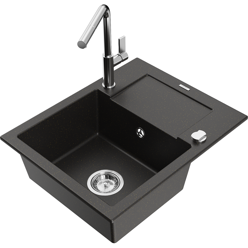 Mexen Enzo fregadero de granito de 1 seno con escurridor y grifo de cocina Flora, negro/oro metálico - 6506-75-670401-00