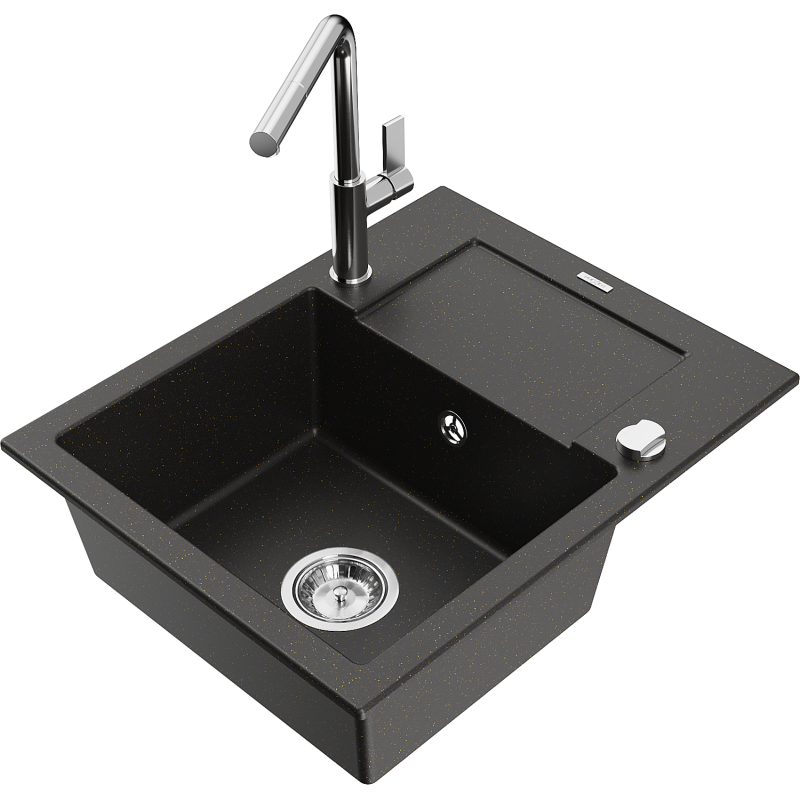 Mexen Enzo granitdiskho 1-fack med avrinning och köksblandare Flora, svart/guld metallic - 6506-75-670401-00