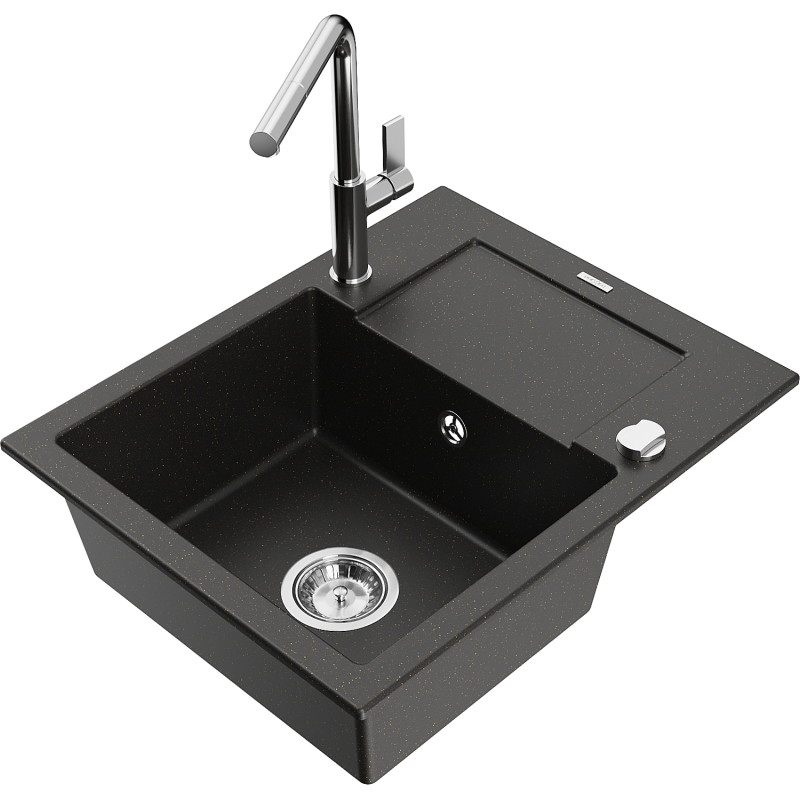 Mexen Enzo lavello in granito a 1 vasca con sgocciolatoio e rubinetto da cucina Flora, nero/oro metallizzato - 6506-75-670401-00