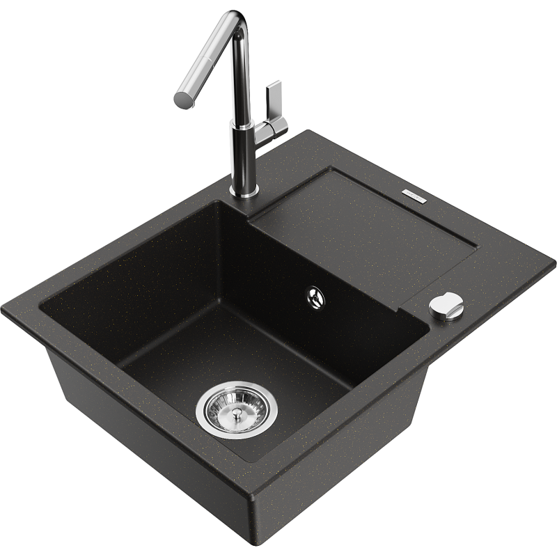 Mexen Enzo Single-Bowl Granite Sink with Drainer and Flora Kitchen Tap, Black/Gold Metallic - 6506-75-670401-00