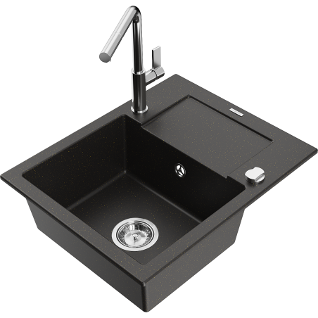 Mexen Enzo Single-Bowl Granite Sink with Drainer and Flora Kitchen Tap, Black/Gold Metallic - 6506-75-670401-00