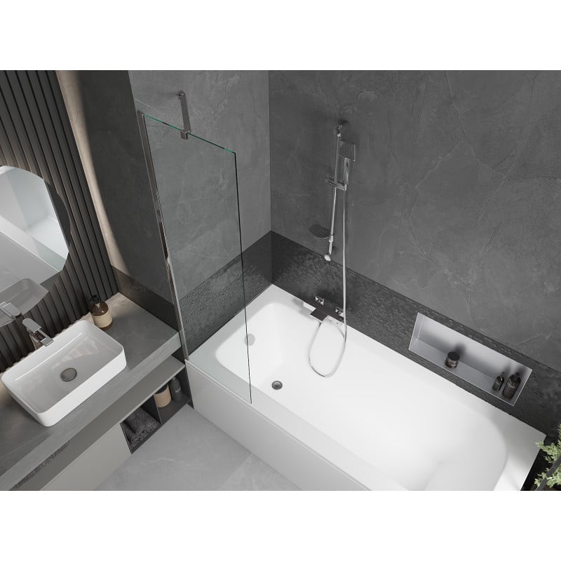 Mexen Vega rechteckige Badewanne 180 x 80 cm mit Verkleidung und 1-flügeligem Paravent 50 cm, transparent, Chrom