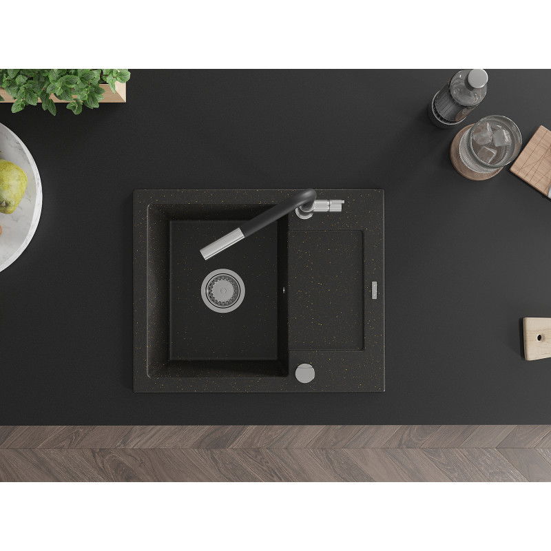 Mexen Enzo granitno pomivalno korito z eno posodo, odcejalnikom in kuhinjsko pipo Flora, črna/zlata kovinska