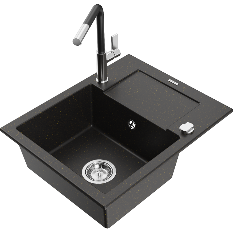 Mexen Enzo fregadero de granito de 1 seno con escurridor y grifo de cocina Flora, negro/dorado metálico - 6506-75-670401-07