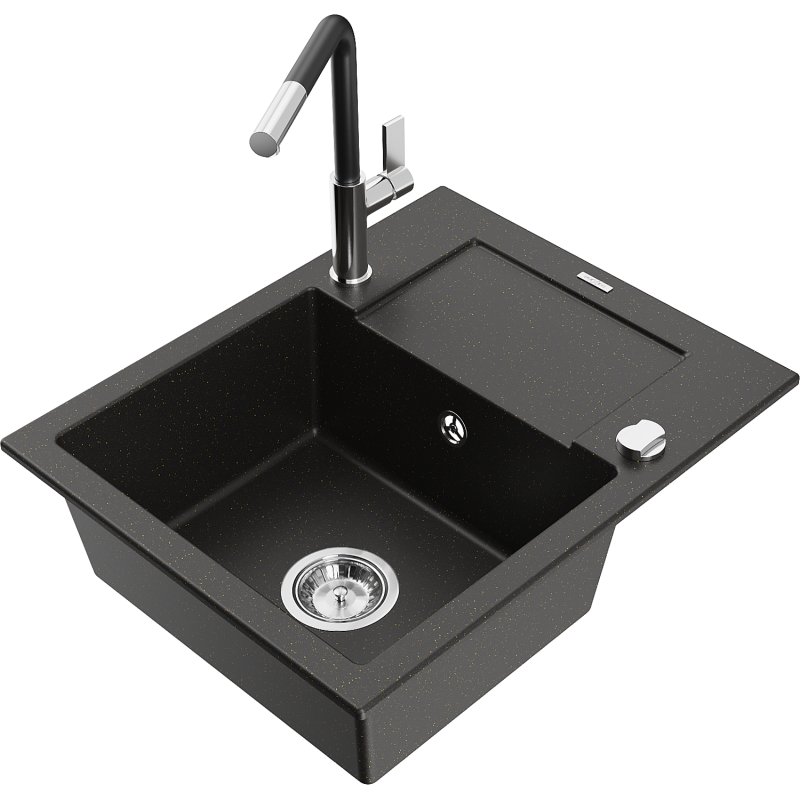 Mexen Enzo granitdiskbänk med 1 fack, avrinning och köksblandare Flora, svart/guld metallic - 6506-75-670401-07