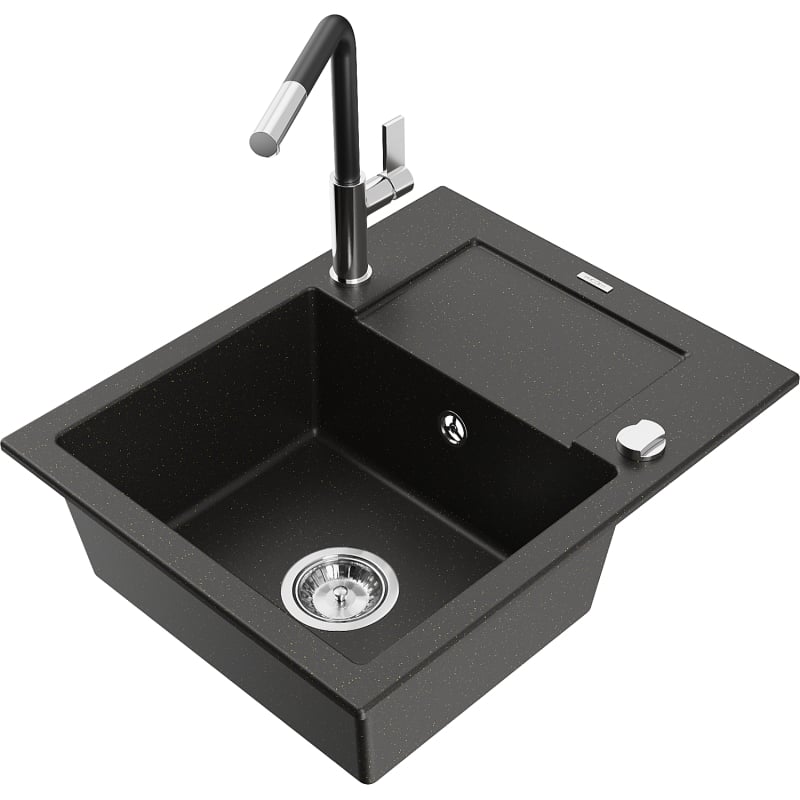 Mexen Enzo Granitspüle mit 1 Becken, Abtropffläche und Küchenarmatur Flora, schwarz/goldener Metallic - 6506-75-670401-07