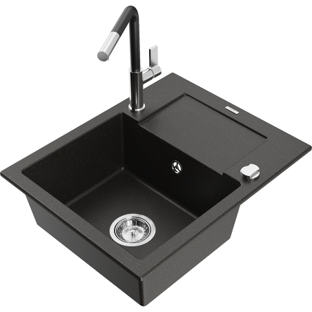 Mexen Enzo granite kitchen sink 1-bowl with drainer and Flora kitchen tap, black/gold metallic - 6506-75-670401-07
