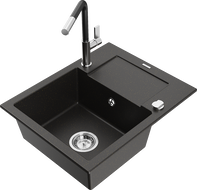 Mexen Enzo granite kitchen sink 1-bowl with drainer and Flora kitchen tap, black/gold metallic - 6506-75-670401-07