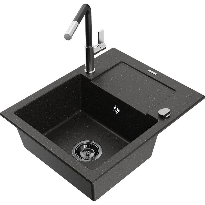 Mexen Enzo 1-bowl granite sink with drainer and Flora kitchen tap, black/gold metallic - 6506-75-670401-07-B