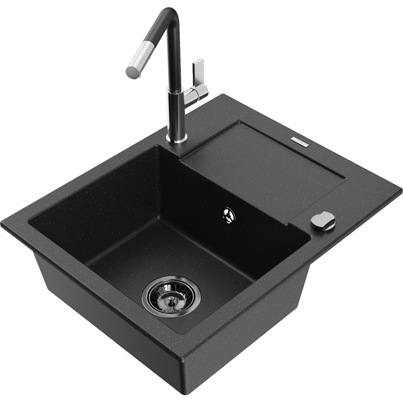 Mexen Enzo Graniittinen 1-allas tiskiallas valutuskaapilla ja keittiöhanalla Flora, musta/kulta metalli - 6506-75-670401-07-B