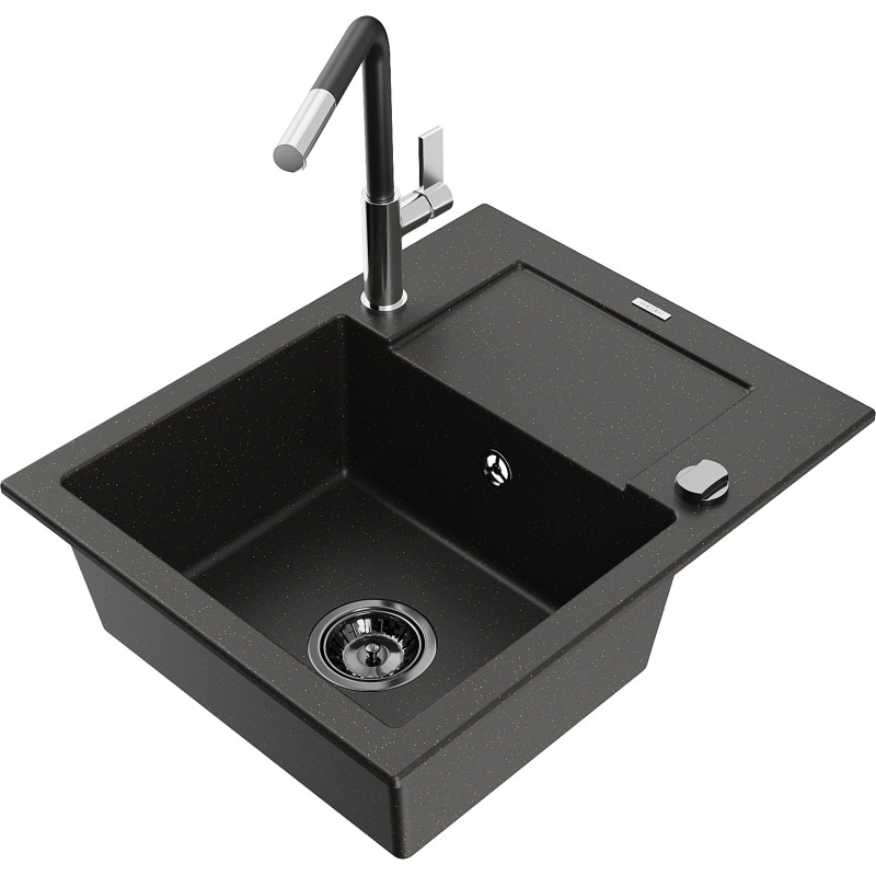 Mexen Enzo Granitspüle 1-Kammer mit Abtropffläche und Küchenarmatur Flora, schwarz/gold metallic - 6506-75-670401-07-B